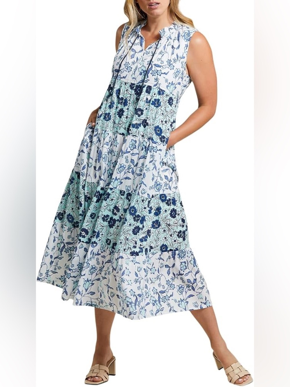 Tribal Tiered Floral Midi Dress in Blue and White - size XS